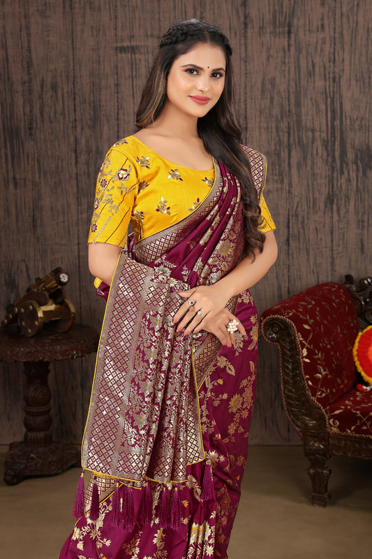 Dark Magenta Banarasi Silk Blend Woven Charming Saree