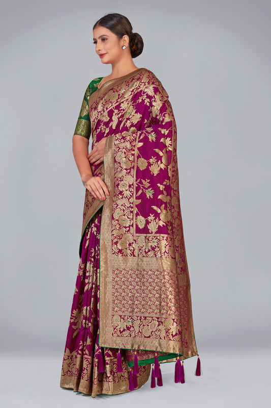 Dark Magenta Banarasi Silk Blend Woven Zari Trendy Saree