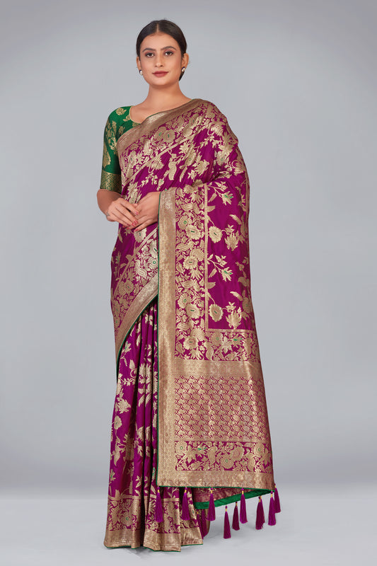 Dark Magenta Banarasi Silk Blend Woven Zari Trendy Saree