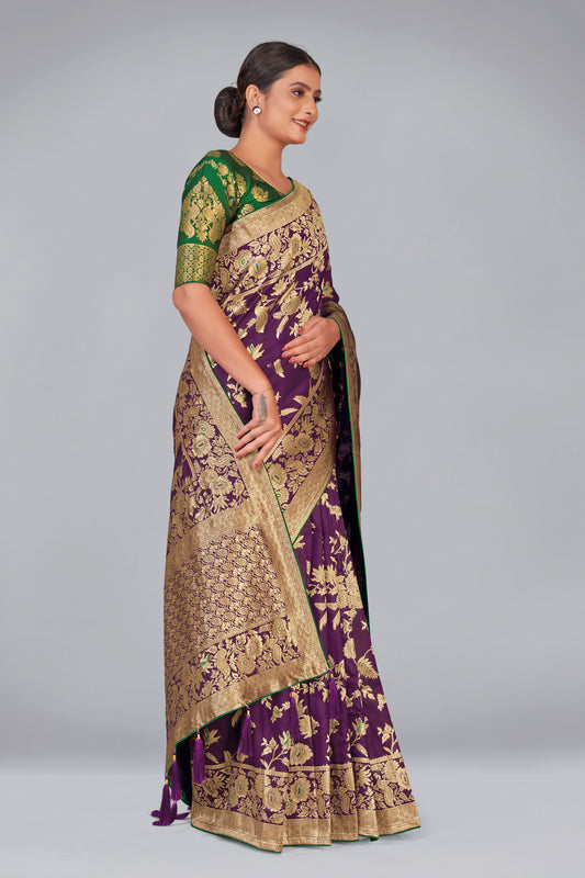 Purple Banarasi Silk Blend Zari Woven Festival Wear Saree