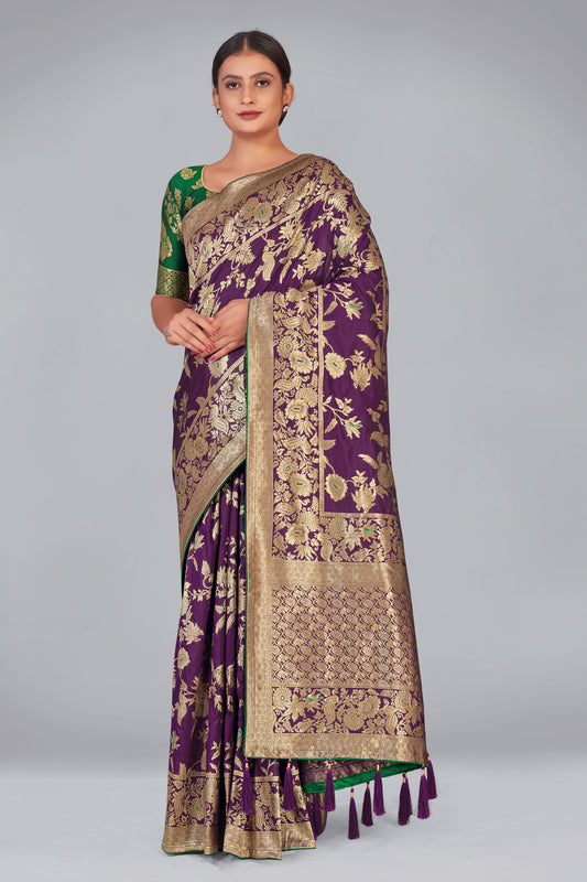 Purple Banarasi Silk Blend Zari Woven Festival Wear Saree