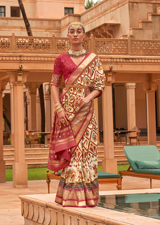 Cream Patola Silk Printed Saree With Blouse