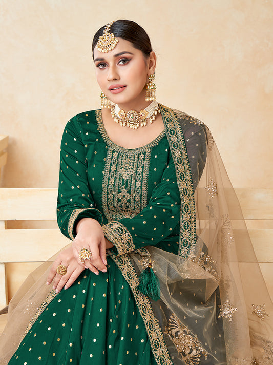 Dark Green Taffeta Silk Embroidered Wedding Wear Anarkali Suit