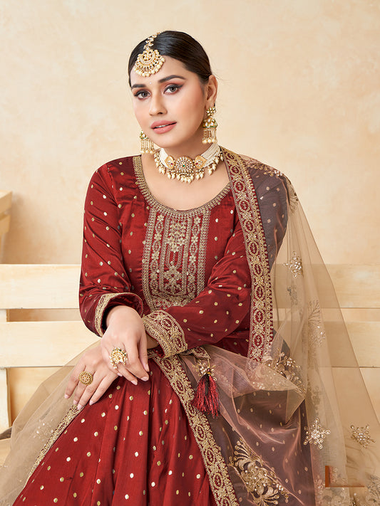 Red Taffeta Silk Embroidered Wedding Wear Anarkali Suit