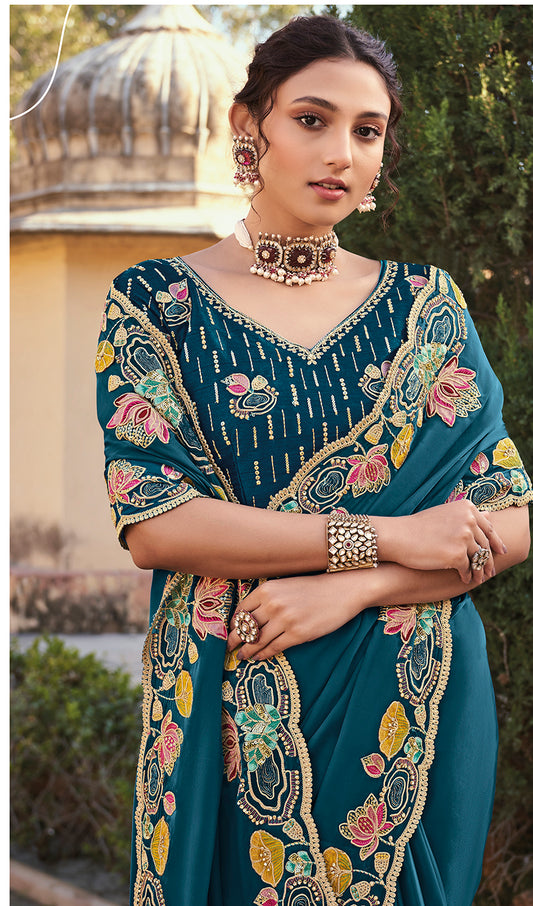 Teal Color Fancy Silk Embroidered Work Trendy Saree