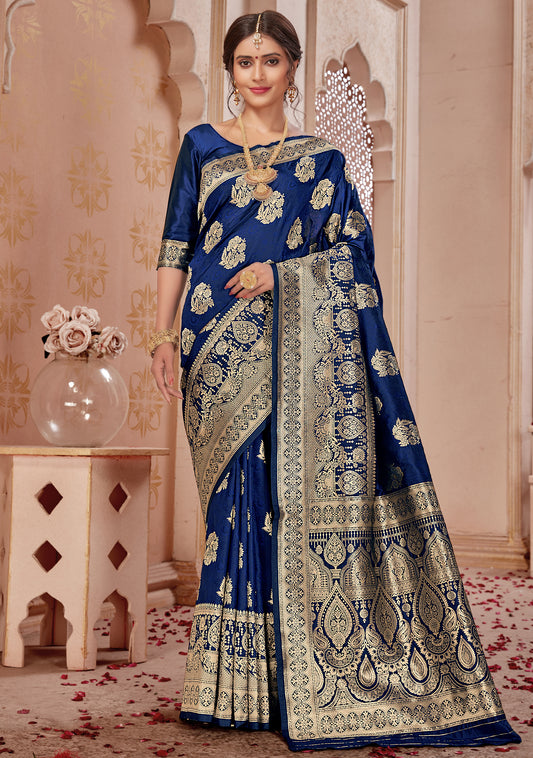 Navy Blue Banarasi Silk Woven Classy Designer Saree