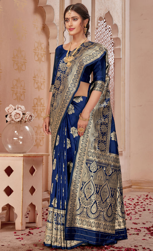 Navy Blue Banarasi Silk Woven Classy Designer Saree