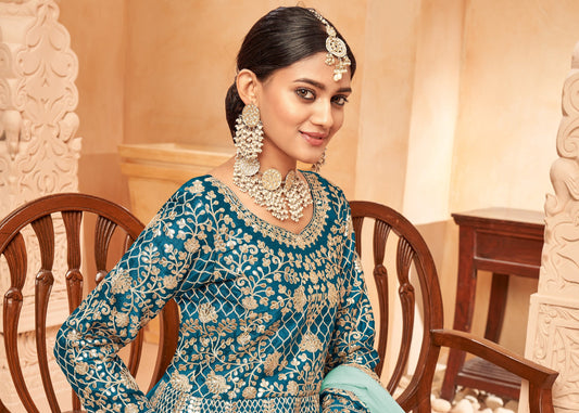 Dark Blue Art silk Embroidered Partywear Anarkali Suit - Monjolika Fashion