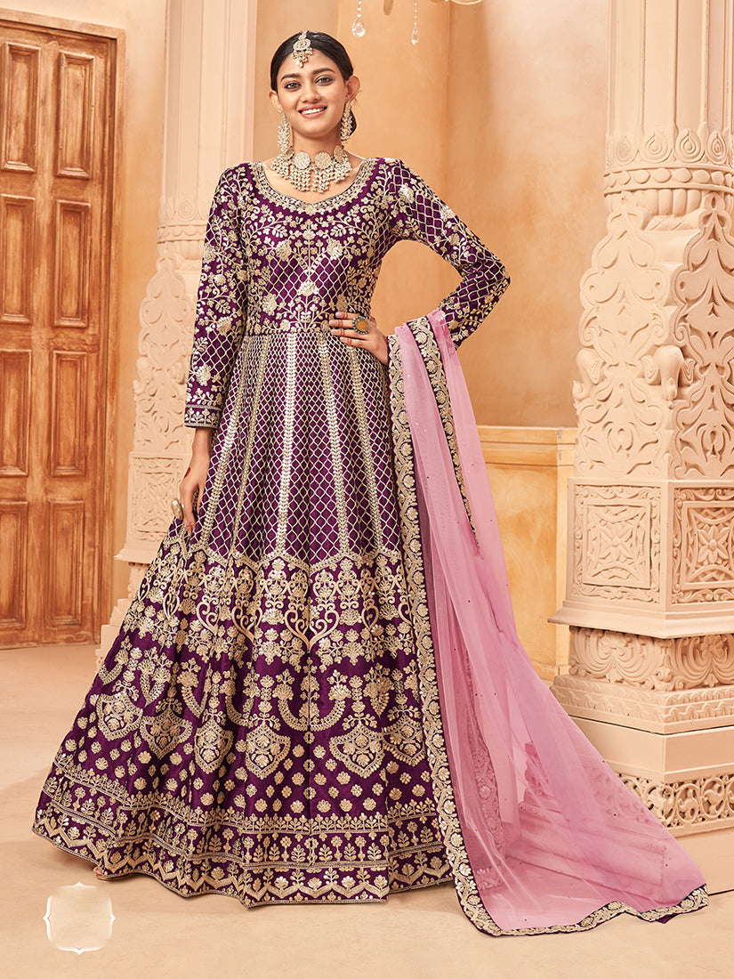 Dark Purple Art silk Embroidered Partywear Anarkali Suit - Monjolika Fashion Dark Purple Art silk Embroidered Partywear Anarkali Suit - Monjolika Fashion