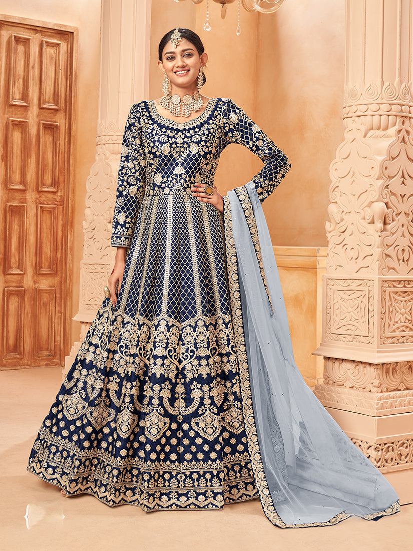 Navy Blue Art silk Embroidered Partywear Anarkali Suit - Monjolika Fashion Navy Blue Art silk Embroidered Partywear Anarkali Suit - Monjolika Fashion