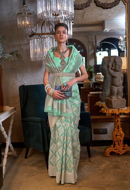 Light Turquoise Linen Zari Woven Classic Saree