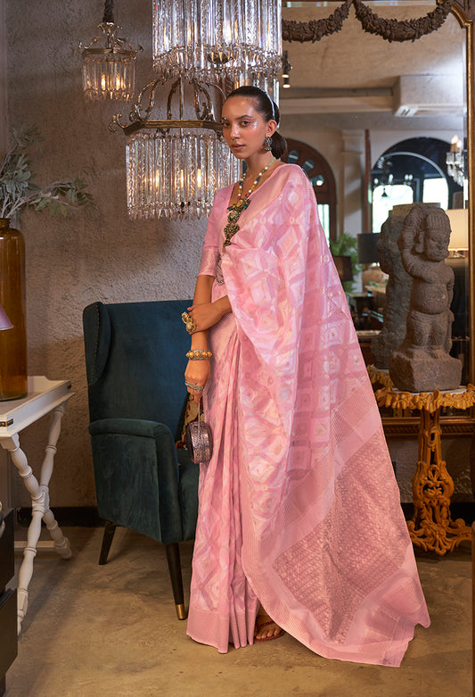 Light Pink Linen Zari Woven Classic Saree