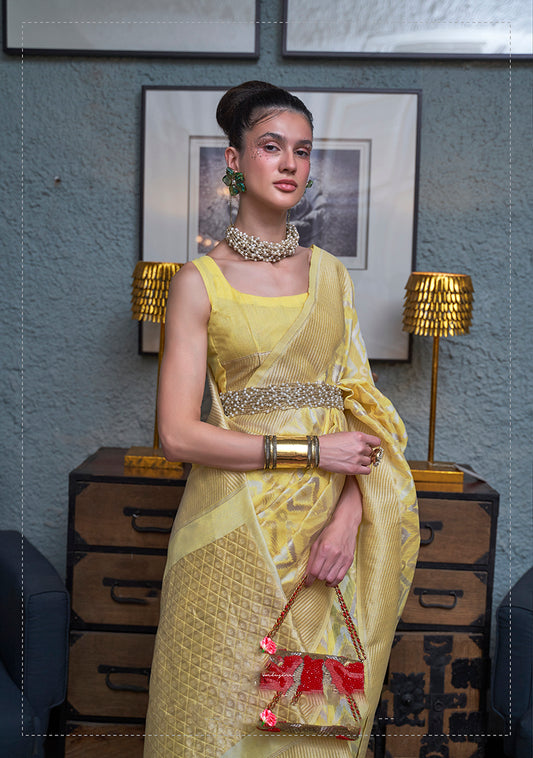 Light Yellow Linen Zari Woven Classic Saree