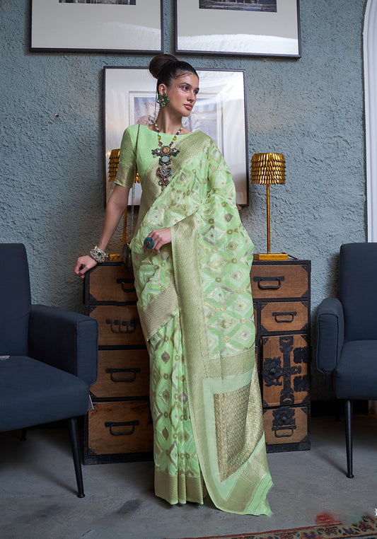 Light Green Linen Zari Woven Classic Saree