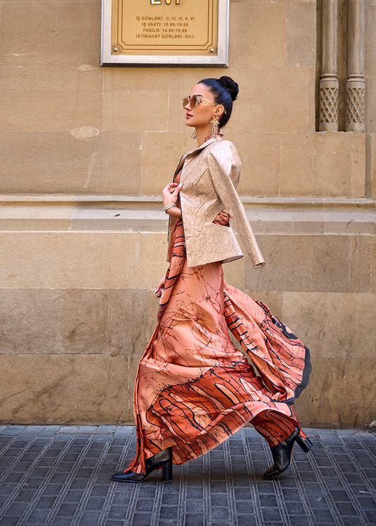 Coral Satin Silk Saree with Vibrant Digital Prints