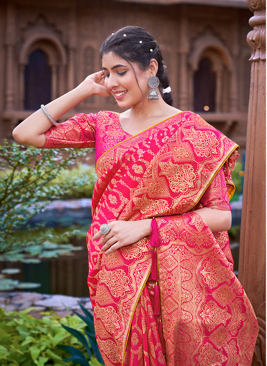 Rani Pink Banarasi silk Zari Woven Traditional Saree
