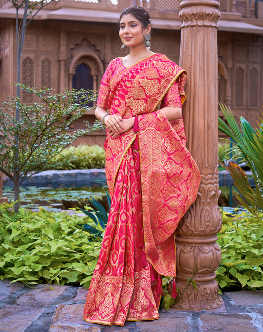 Rani Pink Banarasi silk Zari Woven Traditional Saree