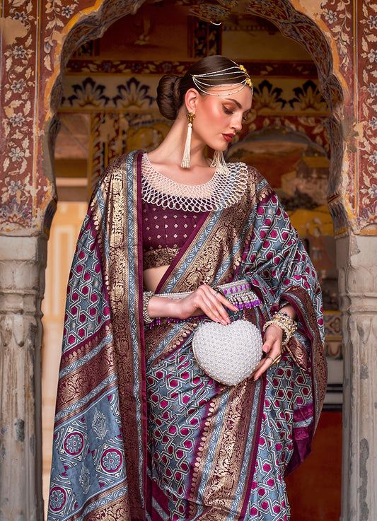 Cobalt Blue Silk Patola Print Work Saree