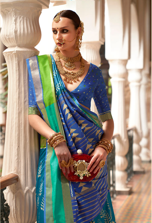 Teal Silk Saree with Zari and Block Print Work