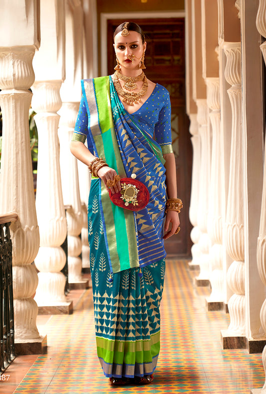 Teal Silk Saree with Zari and Block Print Work