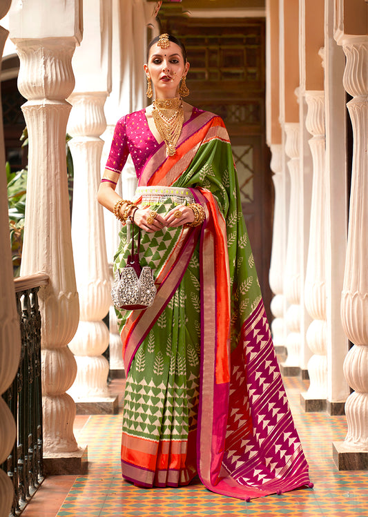 Olive Green Silk Saree with Zari and Block Print Work