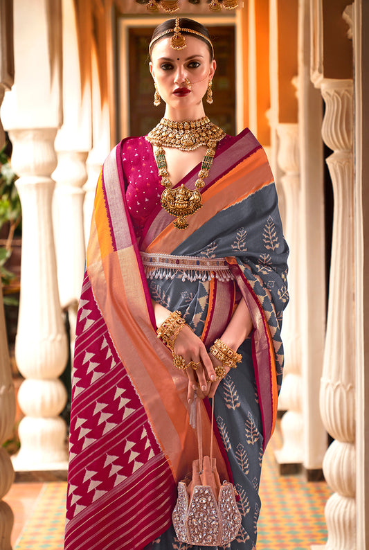 Dark Gray Silk Saree with Zari and Block Print Work