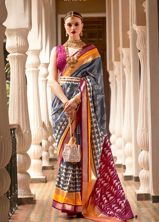 Dark Gray Silk Saree with Zari and Block Print Work