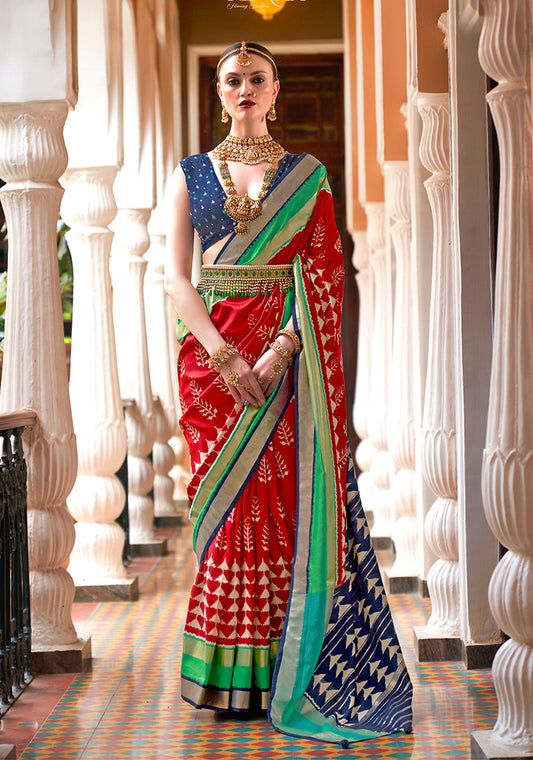 Dark Red Silk Saree with Zari and Block Print Work