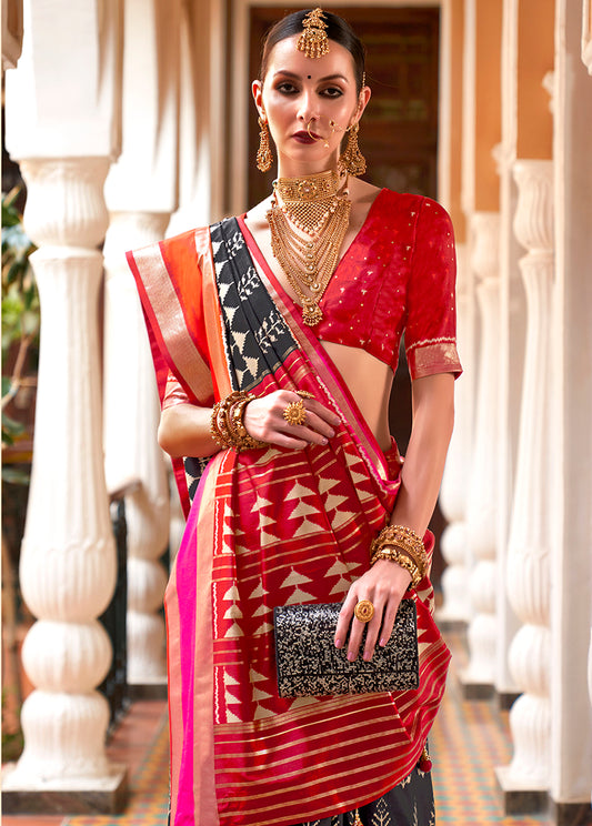 Black Silk Saree with Zari and Block Print Work