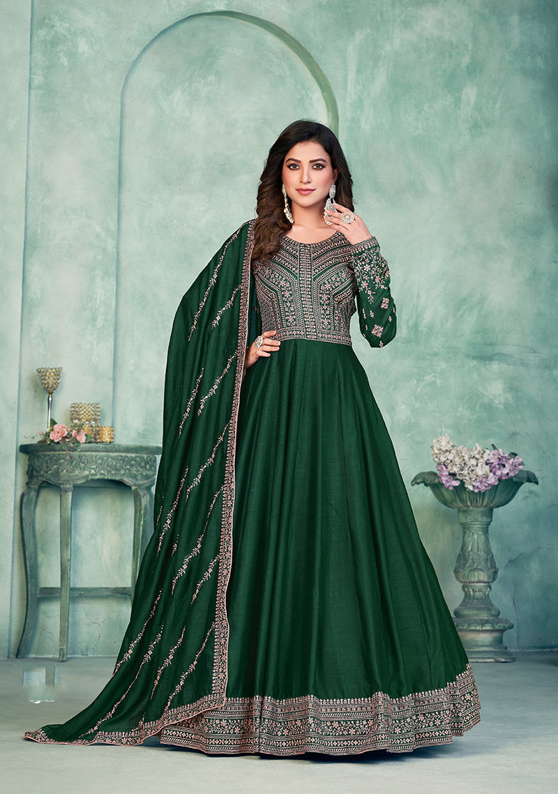 Dark Green Art silk Embroidered Festive Anarkali Suit - Monjolika Fashion Dark Green Art silk Embroidered Festive Anarkali Suit - Monjolika Fashion