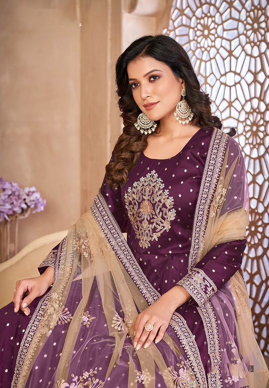 Purple Embroidered Taffeta Silk Anarkali Suit