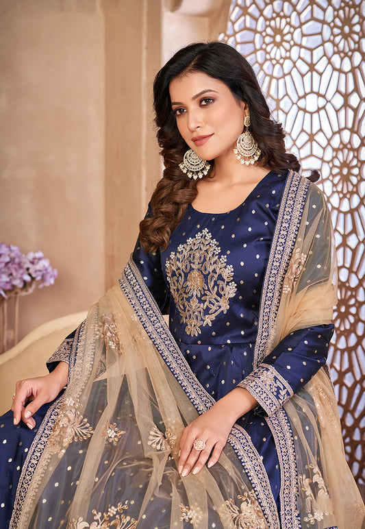 Navy blue Embroidered Taffeta Silk Anarkali Suit
