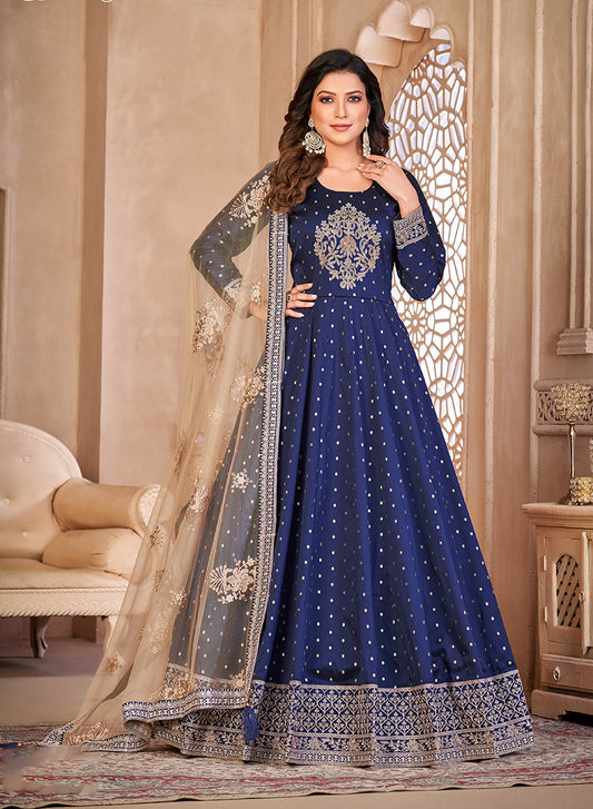 Navy blue Embroidered Taffeta Silk Anarkali Suit
