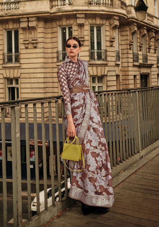 Coffee Lucknowi Organza Woven Silk Contemporary Saree