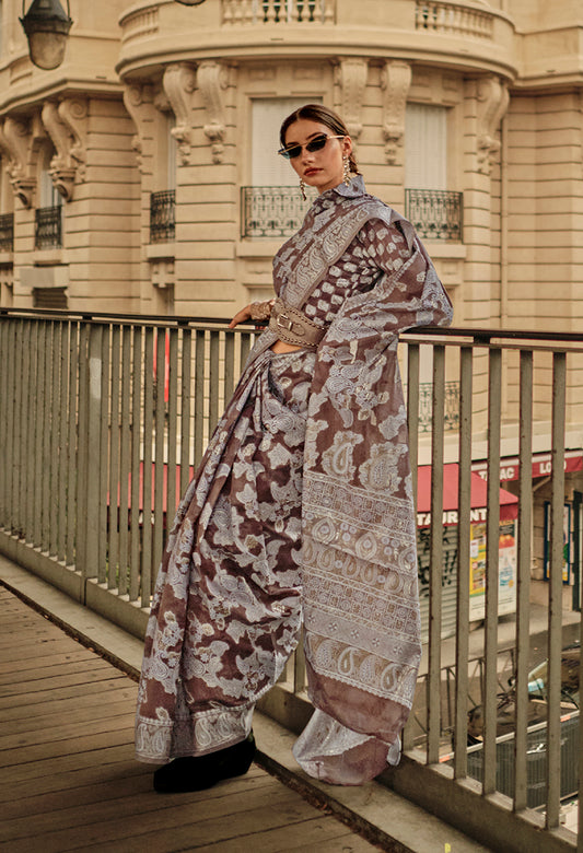 Coffee Lucknowi Organza Woven Silk Contemporary Saree