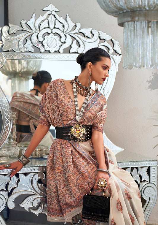 Cream Royal Kashmiri Silk Zari Weaving Saree in Pashmina Style