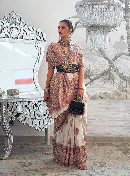 Cream Royal Kashmiri Silk Zari Weaving Saree in Pashmina Style