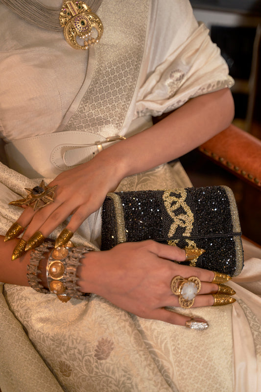 Cream Khadi Silk Nylon Weaving Saree with Ethnic Motifs