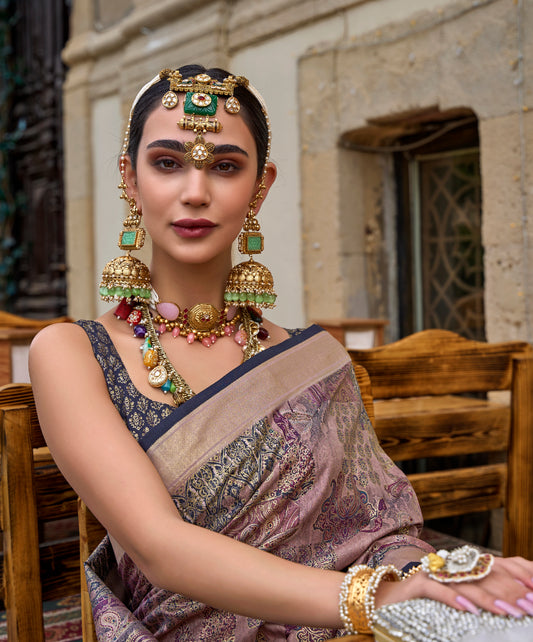 Mauve Silk Printed Gold Finish Trendy Saree
