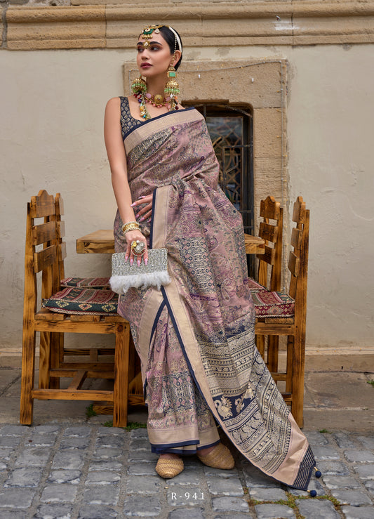 Mauve Silk Printed Gold Finish Trendy Saree