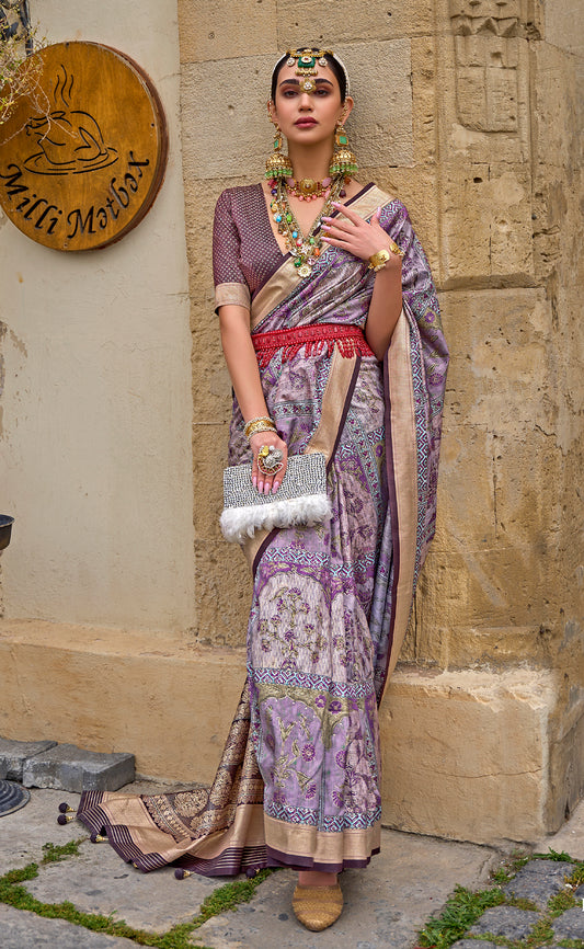 Lavender Silk Printed Gold Finish Trendy Saree