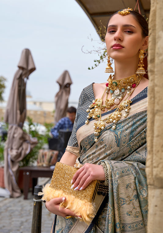 Gray Silk Printed Gold Finish Trendy Saree