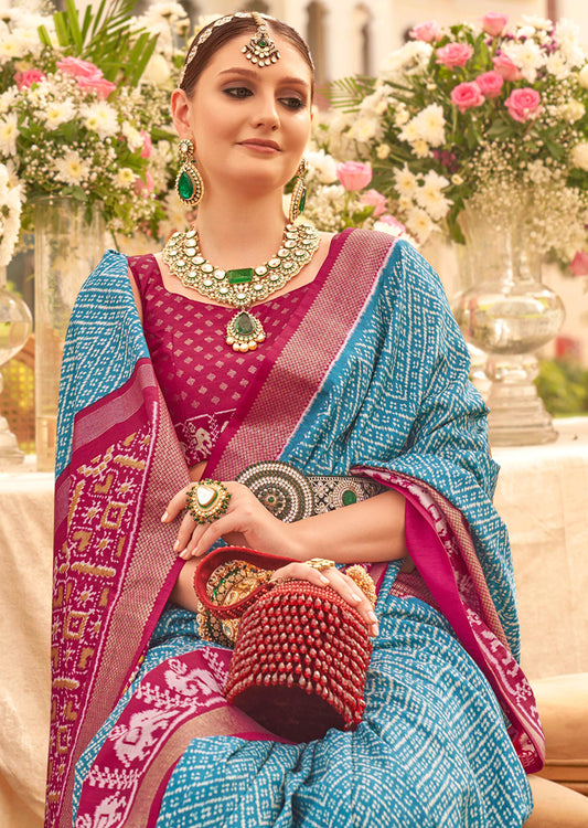Blue Silk patola Print Work saree