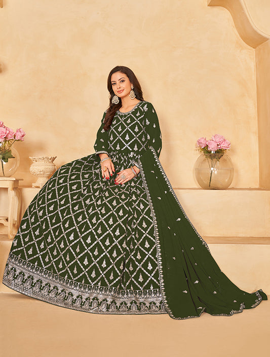 Olive Green Georgette Embroidered Party Wear Salwar Suit - Monjolika Fashion