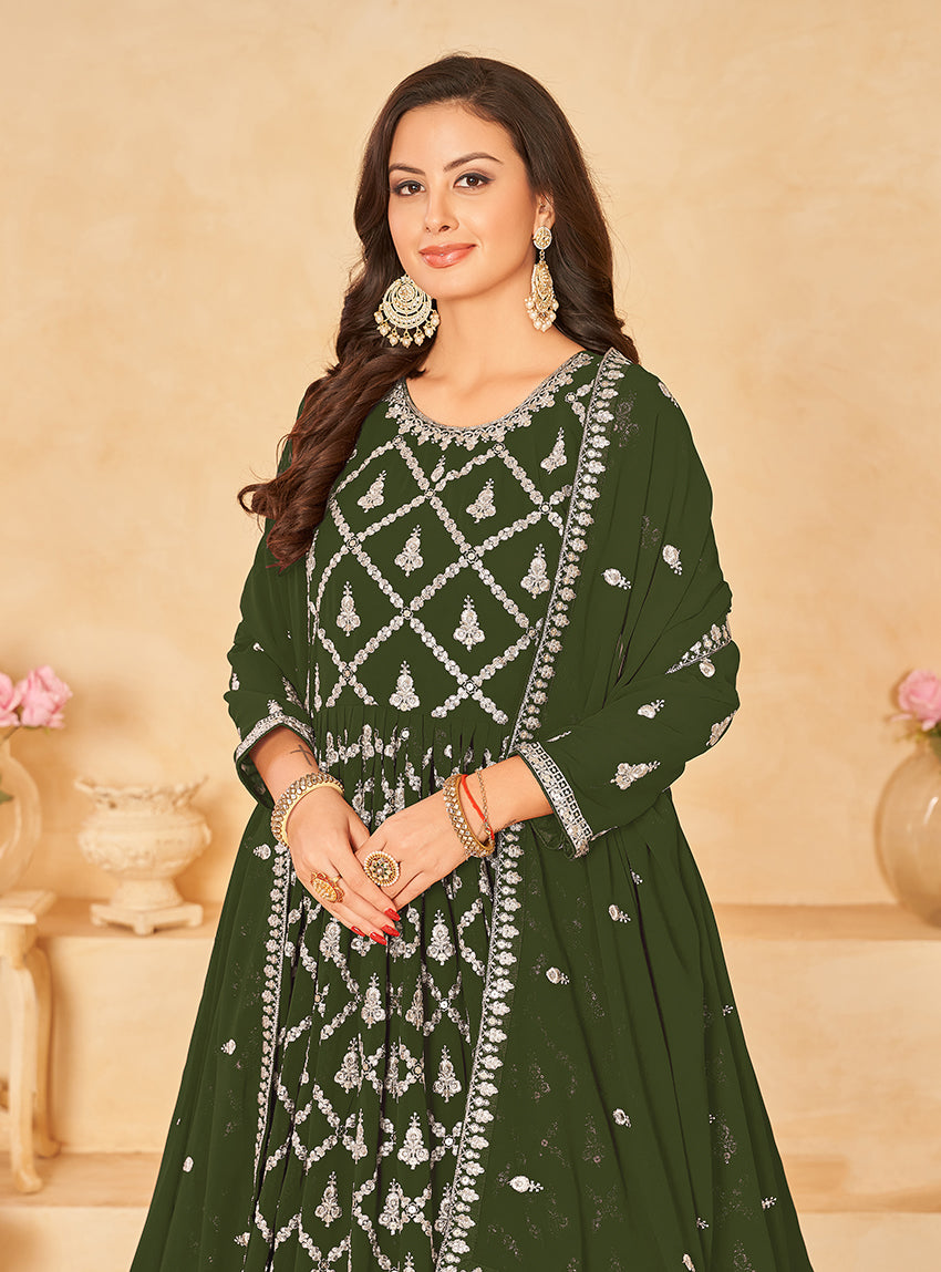 Olive Green Georgette Embroidered Party Wear Salwar Suit - Monjolika Fashion Olive Green Georgette Embroidered Party Wear Salwar Suit - Monjolika Fashion