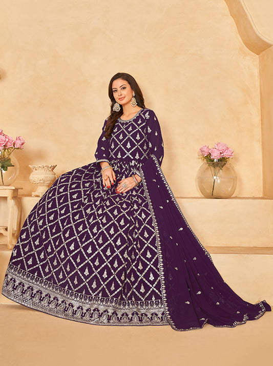 Purple Georgette Embroidered Party Wear Salwar Suit - Monjolika Fashion