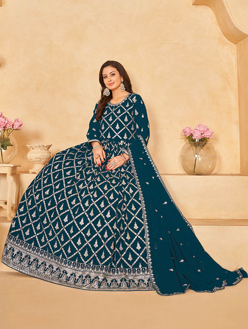 Dark Teal Georgette Embroidered Party Wear Salwar Suit - Monjolika Fashion Dark Teal Georgette Embroidered Party Wear Salwar Suit - Monjolika Fashion