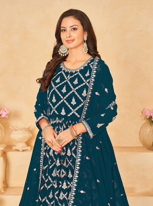 Dark Teal Georgette Embroidered Party Wear Salwar Suit - Monjolika Fashion