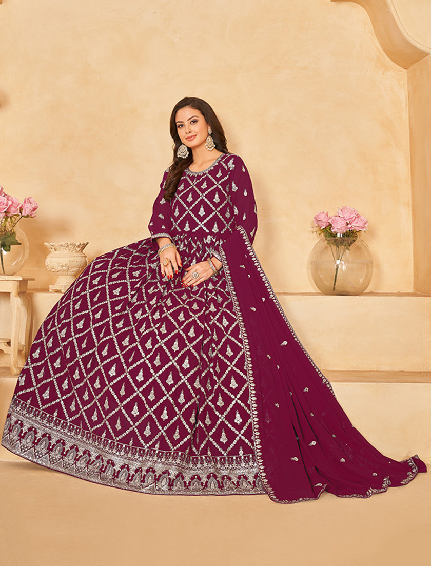 Wine Georgette Embroidered Party Wear Salwar Suit - Monjolika Fashion Wine Georgette Embroidered Party Wear Salwar Suit - Monjolika Fashion