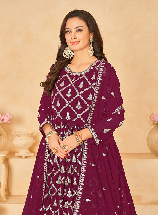 Wine Georgette Embroidered Party Wear Salwar Suit - Monjolika Fashion